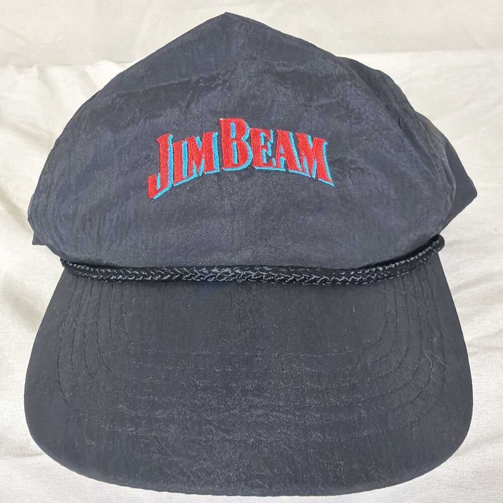 Vintage 90s Jim Beam Black Nylon Rope Snapback Hat Cap Red Blue Embroidered Logo